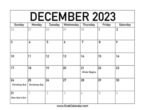 free december 2023 calendar with holidays